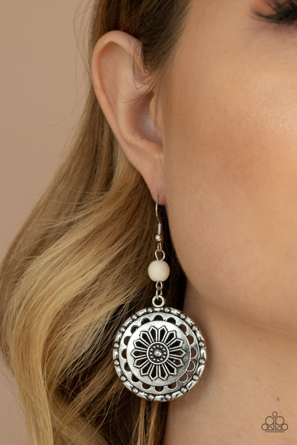 Flowering Frontiers - White Earrings - Paparazzi Accessories